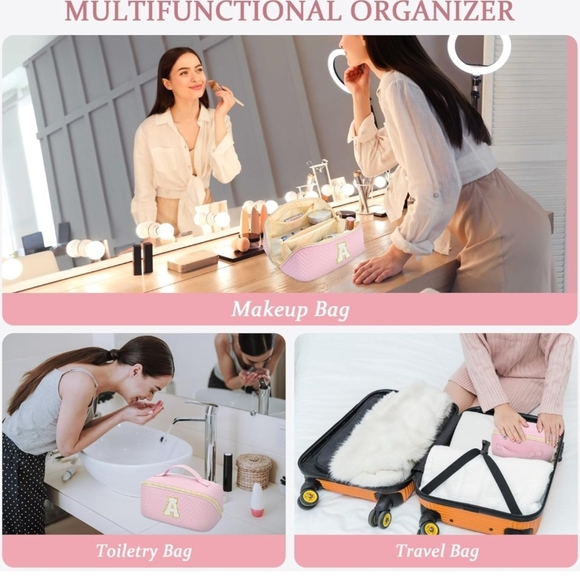 New! "T" Pink Quilted Cosmetic Makeup Bags For Travel Vacation Faux Leather - Picture 4 of 11